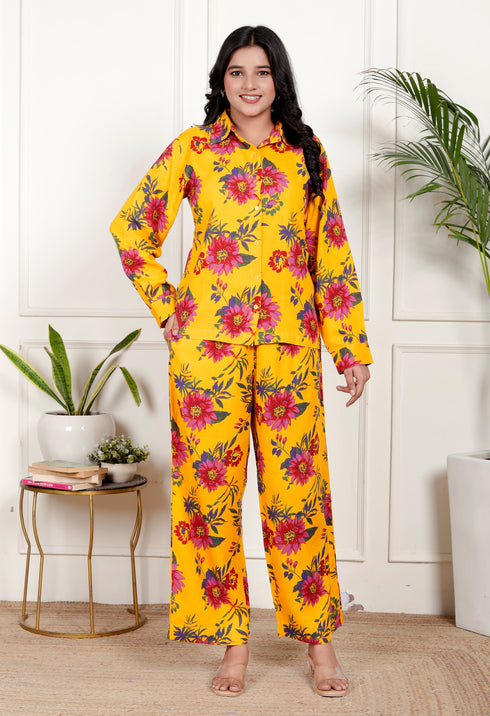 Yellow Floral  Shirt Style Co-ord Set
